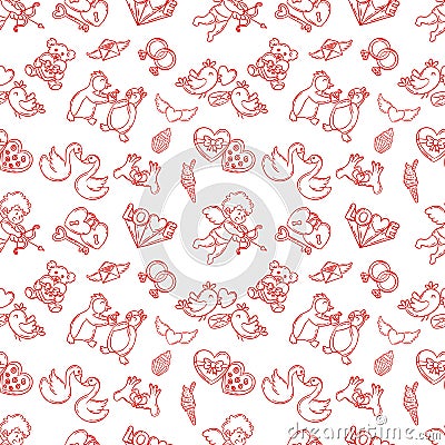 Valentines day seamless pattern on pink with love symbols Vector Illustration