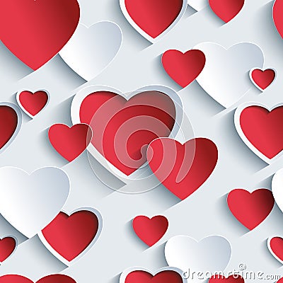 Valentines day seamless pattern with red - grey 3d hearts Vector Illustration