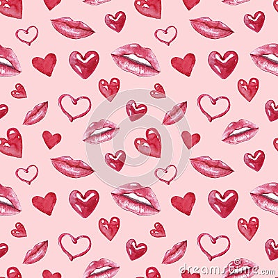 Valentines day seamless pattern with watercolor hearts, women red and pink lips, isolated on white background. Hand painted Stock Photo