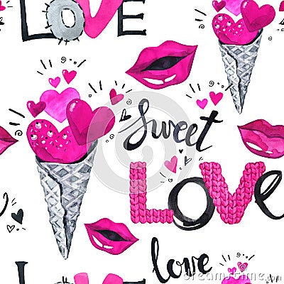 Valentines Day seamless pattern. Watercolor ice crean with hearts, love words and lips. Cartoon Illustration