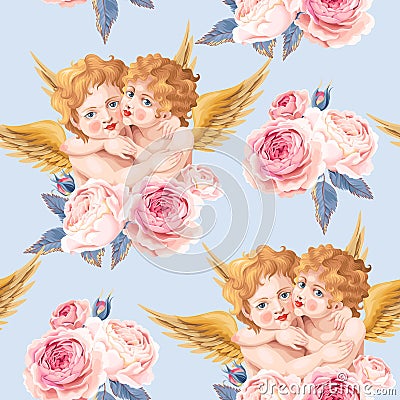 Valentines day seamless with roses and cupid Vector Illustration