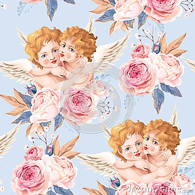 Valentines day seamless with roses and cupid Vector Illustration