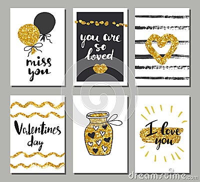 Valentines day set cards. Calligraphy, lettering and golden hand drawn design elements Vector Illustration