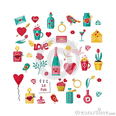 Valentines Day set with love elements for greeting cards for Valentines day. Vector Illustration