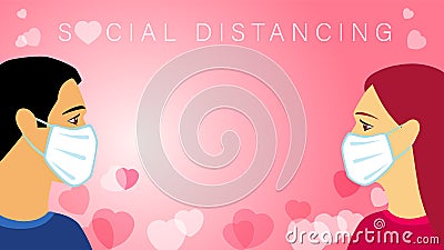 Valentines Day Social distancing concept with men & women in medical mask Vector Illustration