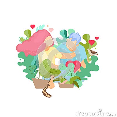 Valentines day sweet card. The girl and the young man give each other love Vector Illustration