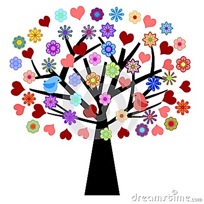 Valentines Day Tree with Love Birds Hearts Flowers Stock Photo