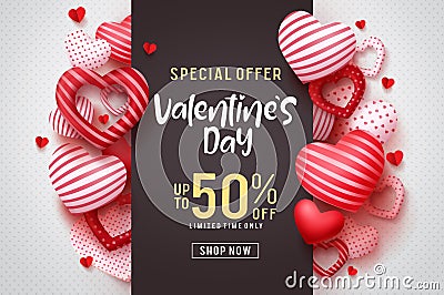 Valentines day vector promotional banner. Special offer text with red hearts elements Vector Illustration