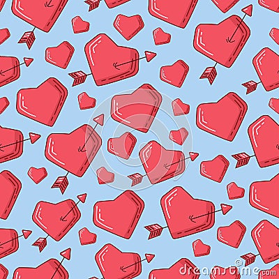 Valentines day seamless pattern with red hearts, arrow, broken heart, many hearts of different sizes Vector Illustration