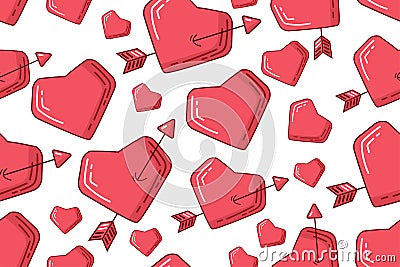 Valentines day seamless pattern with red hearts, arrow, broken heart, many hearts of different sizes Vector Illustration