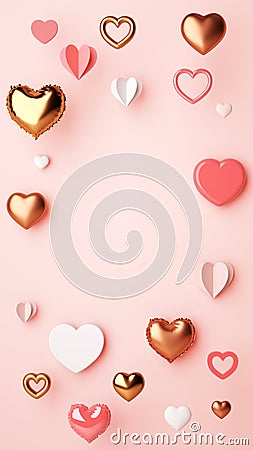 Valentines Day vertical social media story post with different types of hearts on a pink background and copy space in 3D rendering Stock Photo