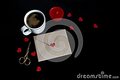Valentines day or wedding mockup scene with cup of coffee, envelope, paper hearts confetti, red candle, golden scissors Stock Photo