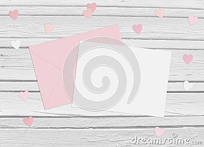 Valentines day or wedding mockup scene with envelope, blank card, paper hearts confetti and wooden background Stock Photo