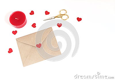 Valentines day or wedding mockup scene with envelope, paper hearts confetti, red candle, golden scissors on white Stock Photo