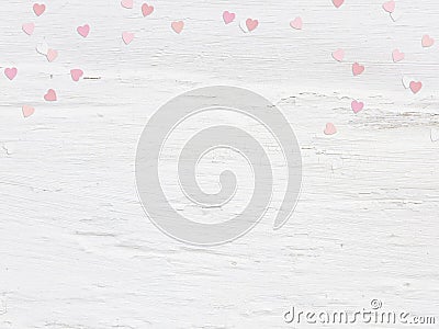 Valentines day or wedding mockup scene paper hearts confetti and empty space for text. Grunge white background, flat lay Stock Photo