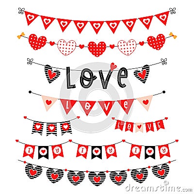Valentines day wedding red vector bunting set. Vector Illustration