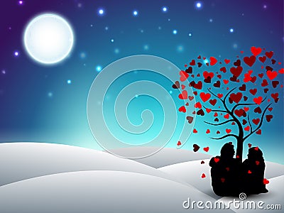 Valentines Day winter background with sitting couple silhouette Stock Photo