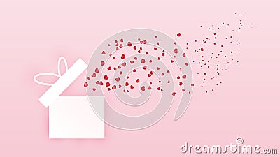 Valentines with gift box postcard. Flying elements on pink background. Vector symbols of love in shape of heart for Happy Women\'s Stock Photo