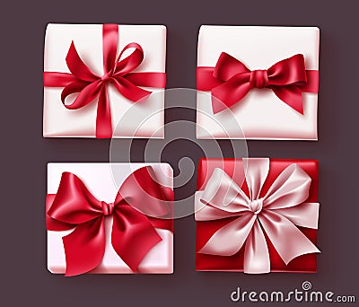 Valentines gift set vector design. Valentine`s gift box with red ribbon elements Vector Illustration