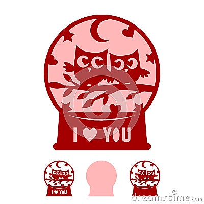 Valentines globe with owls, moon,heart. Love symbols. Paper,laser cut template with phrase Vector Illustration