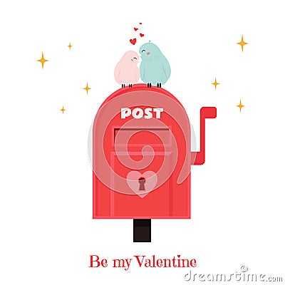 Valentines Greeting card with mailbox and loving couple birds. Cute Vector illustration in flat style Vector Illustration