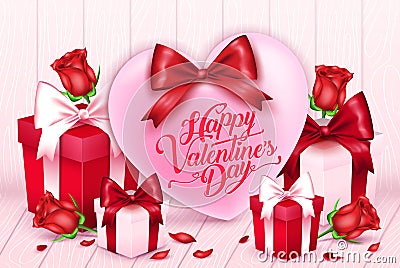 Valentines Greeting Card with Pink Heart and Ribbon with Gifts Vector Illustration