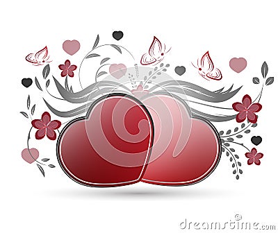 Valentines heart, butterflies and floral pattern Vector Illustration