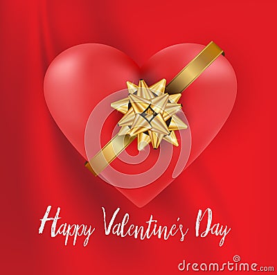 Valentines heart and gold bow white text on rippled red silk fab Cartoon Illustration