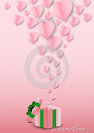 Valentines hearts and gift box.Origami made paper heart flying out off gift box. Stock Photo