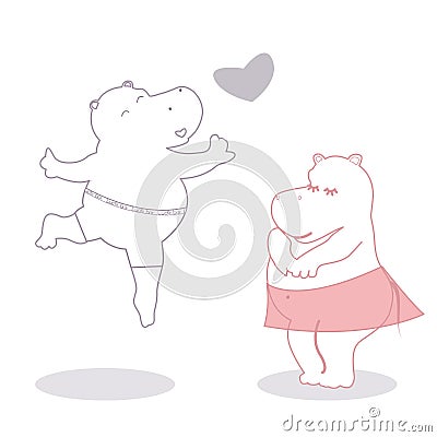 Valentines illustration with two contour hippos and heart Vector Illustration