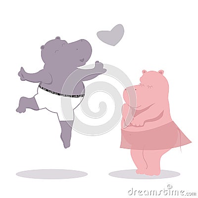 Valentines illustration with two hippos and heart Vector Illustration