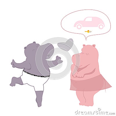 Valentines illustration with two hippos and heart. Mercantile girl Vector Illustration