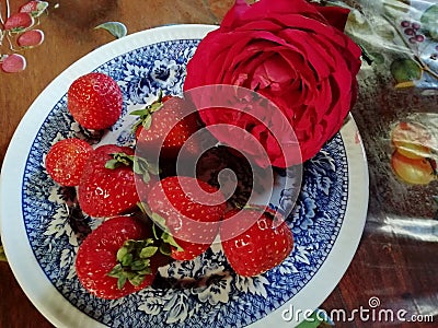 Romantic Valentines red rose and strawberries Stock Photo