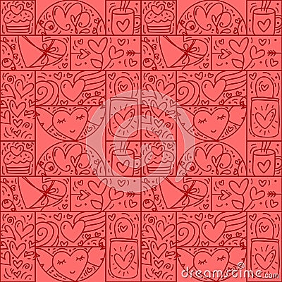 Valentines logo vector seamless pattern love, bag, heart, envelope line and abstract on red background. Hand drawn Stock Photo