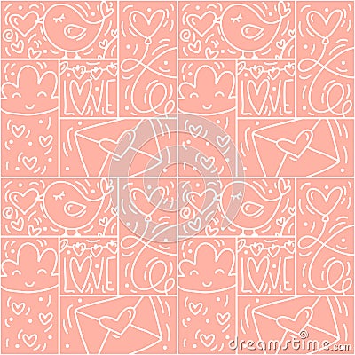 Valentines logo vector seamless pattern love, bird, heart, envelope line and abstract on pink background. Hand drawn Vector Illustration