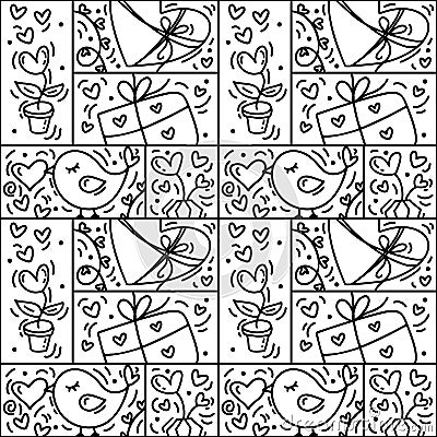 Valentines logo vector seamless pattern love, bird, heart and gift box line. Hand drawn monoline constructor for Vector Illustration