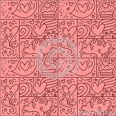 Valentines logo vector seamless pattern love, cake, heart line and abstract on pink background. Hand drawn monoline Vector Illustration