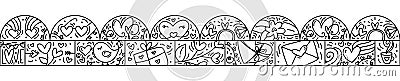 Valentines logo vector Washi tape seamless pattern border love, cake, lips, heart, cloud and bag. Hand drawn monoline Stock Photo