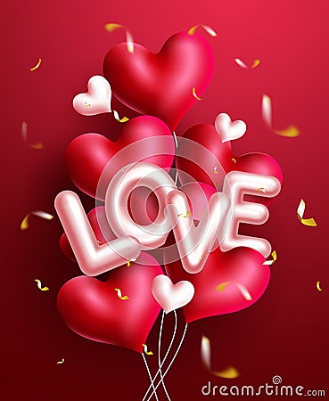 Valentines love balloons vector concept design. Love text and hearts balloon decoration with confetti celebration element. Vector Illustration