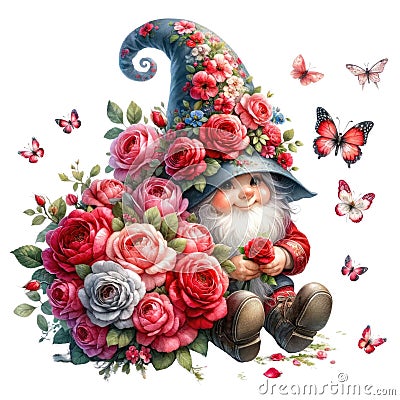 Valentines love gnome, Watercolor cute valentines day postcard. Vellichor. Stock Photo