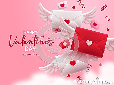 Valentines love letter vector design. Happy valentine`s day text with flying love letter envelope romantic elements. Vector Illustration