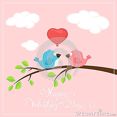 Valentines pink background with two birds and balloon heart Vector Illustration