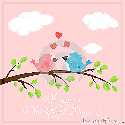 Valentines pink background with two birds and hearts Vector Illustration