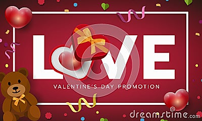 Valentines red frame banner, love letter with gift box, invitation, greeting card. Vector illustration Cartoon Illustration