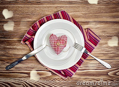 Valentines romantic dinner concept. Holiday meal served heart sh Stock Photo