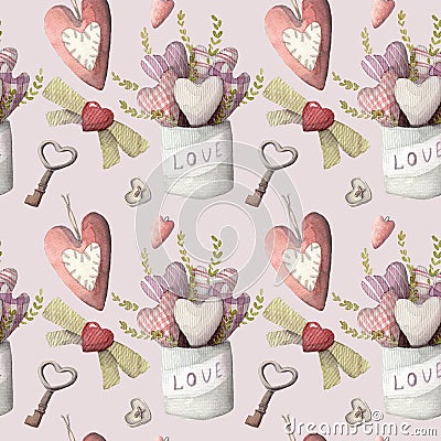 Valentines romantic seamless pattern watercolor hand painted Stock Photo