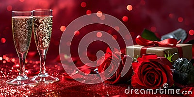 Valentines roses, champagne, gift on red background, festive Valentines day, wedding banner. Stock Photo