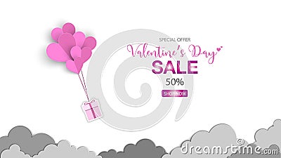 Valentines`s Day with heart balloon of gift box paper cut style Vector Illustration