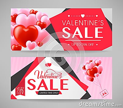 Valentines Sale with Pink and Red Hearts Promotional Banners Set Vector Illustration