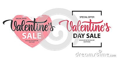 Valentines Sale promotional labels templates set. Valentine`s Day special offer text design with hand lettering for business. Vector Illustration